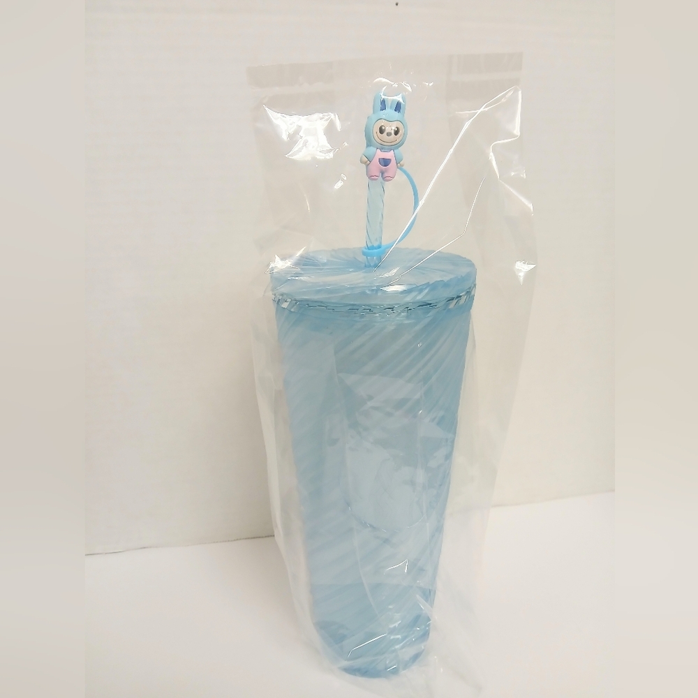 New Starbucks Cute Ice Blue Tumbler with Labubu Straw Topper 12"T - 24oz.